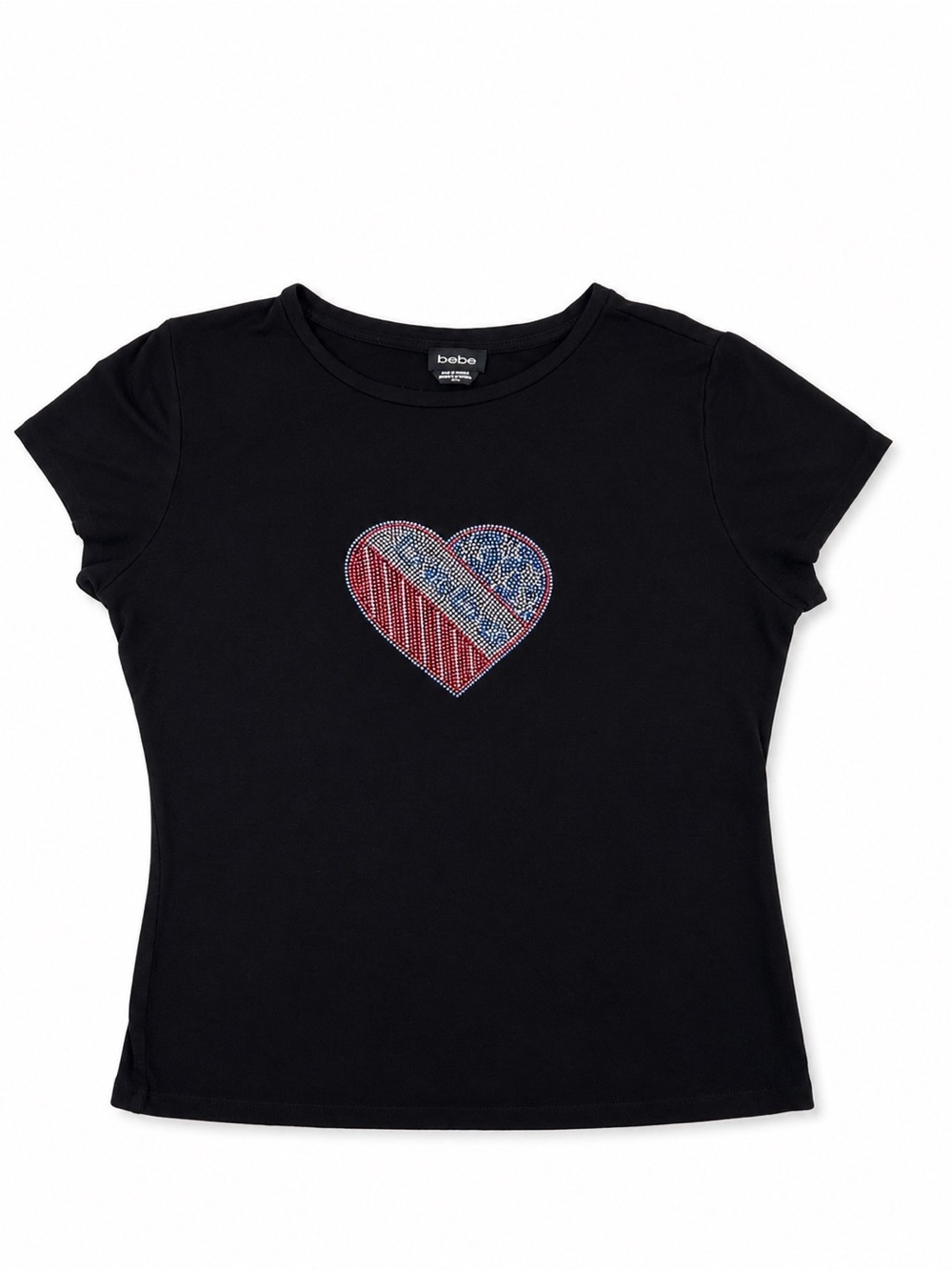 Bebe Black Bling Rhinestone American Flag Heart Baby Tee Patriotic Y2K Fitted XL